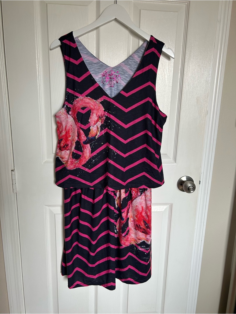 Sleeveless Black and Pink Chevron Mini Dress with Flamingo Print Wearable Art